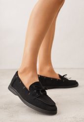Czarne Mokasyny ze Sznurkiem i Kokardą Samiphia. Czarne mokasyny damskie Renee, z jeansu. Za 89.99 zł.