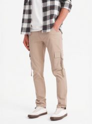 Męskie spodnie cargo STRAIGHT LEG z paskami na kieszeniach – piaskowe V2 OM-PACG-0197 - XXL. Spodnie materiałowe męskie Ombre Clothing, bez wzorów, z bawełny, eleganckie. Za 143.99 zł.