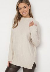 Jasnobeżowy Sweter z Półgolfem z Prążkowanej Dzianiny z Wycięciami po Bokach Rerivra. Brązowe swetry klasyczne damskie Born2be, uniwersalny, z dzianiny, bez kołnierzyka. Za 84.99 zł.