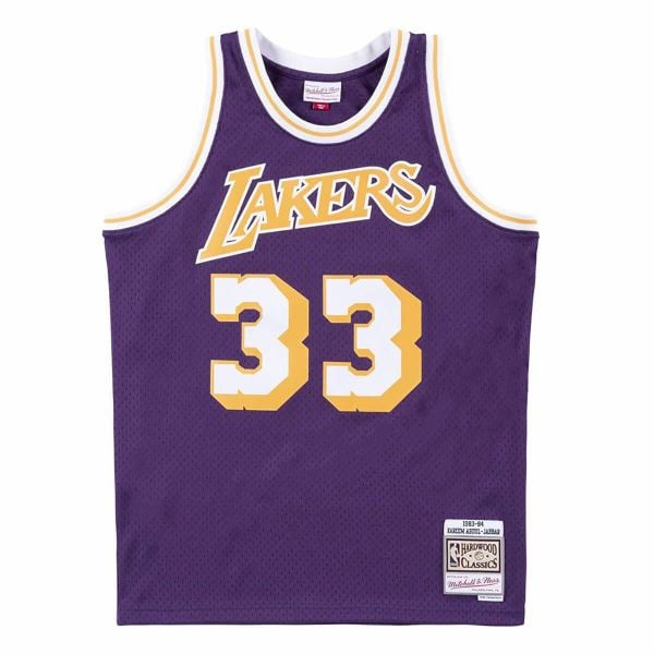 Koszulka Nba Los Angeles Lakers Kareem Abdul-Jabbar. Fioletowe bluzki damskie Mitchell & Ness, bez wzorów, bez kołnierzyka. W wyprzedaży za 430.00 zł.