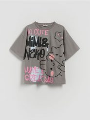 T-shirt Mimi & Neko - ciemnoszary. Szare koszulki dziewczęce Reserved, bez wzorów, z bawełny, bez ramiączek. Za 55.99 zł.