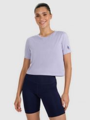 4F Koszulka treningowa crop-top szybkoschnąca damska - niebieska XL. Niebieskie bluzki sportowe damskie 4f, s, w ażurowe wzory, z materiału, bez ramiączek. W wyprzedaży za 99.99 zł.