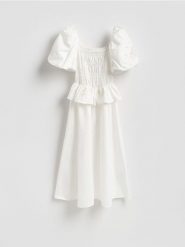 Sukienka z bufkami - złamana biel. Sukienki damskie Reserved, l, bez wzorów, z bawełny, bez kołnierzyka, bez ramiączek. Za 239.99 zł.