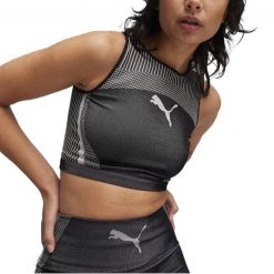 Koszulki Puma Model To Crop Top Kolor Czarny. Czarne bluzki sportowe damskie Puma, z tkaniny, bez kołnierzyka, bez ramiączek. W wyprzedaży za 129.25 zł.