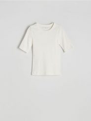 T-shirt slim fit - biały. Białe t-shirty damskie Reserved, l, bez wzorów, z bawełny, bez kołnierzyka. W wyprzedaży za 39.99 zł.