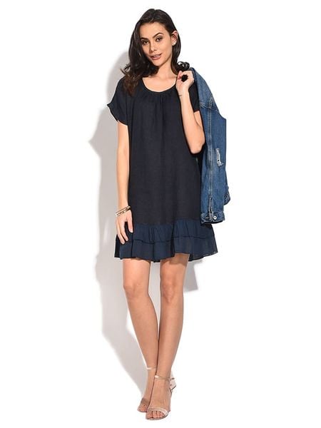 Le Jardin du Lin Lniana sukienka w kolorze granatowym rozmiar: 38. Niebieskie sukienki damskie Le jardin du lin, bez wzorów, ze lnu, klasyczne, bez kołnierzyka, bez ramiączek, mini. Za 123.25 zł.