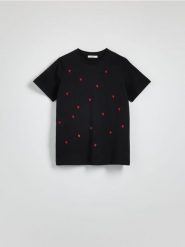 T-shirt regular z drobnym haftem - czarny. Czarne t-shirty damskie Reserved, l, bez wzorów, z bawełny, bez kołnierzyka. Za 49.99 zł.