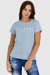 GUESS Błękitny t-shirt damski bawełniany z białym logo, Rozmiar XS. Niebieskie t-shirty damskie Guess, s, z aplikacjami, z bawełny, bez kołnierzyka. W wyprzedaży za 99.99 zł.
