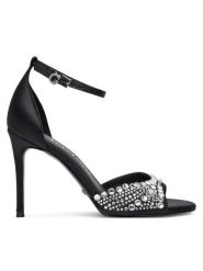 Guess Sandały FLPKBB SAT03 Czarny. Czarne sandały damskie Guess, z aplikacjami, z materiału, bez obcasa, na szpilce. Za 469.99 zł.