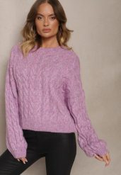 Fioletowy Sweter z Domieszką Wełny o Prostym Kroju Zdobiony Splotem w Warkocz Durira. Fioletowe swetry klasyczne damskie Renee, z jeansu, bez kołnierzyka. Za 159.99 zł.