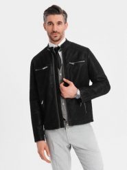 Kurtka męska biker ze stójką w stylu retro – czarna V2 - Rozmiar: L. Czarne kurtki męskie Ombre Clothing, l, bez wzorów, z materiału, retro, bez kaptura. W wyprzedaży za 189.99 zł.
