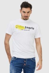 PALM ANGELS Biały t-shirt męski z logo. Białe t-shirty męskie PALM ANGELS, m, bez wzorów, prążkowane, bez kołnierzyka. W wyprzedaży za 699.99 zł.