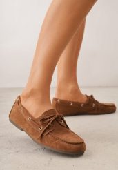 Jasnobrązowe Mokasyny VICES z Wkładką ze Skóry Naturalnej ze Sznurowaniem Nairis. Brązowe mokasyny damskie Renee, z materiału. Za 99.99 zł.