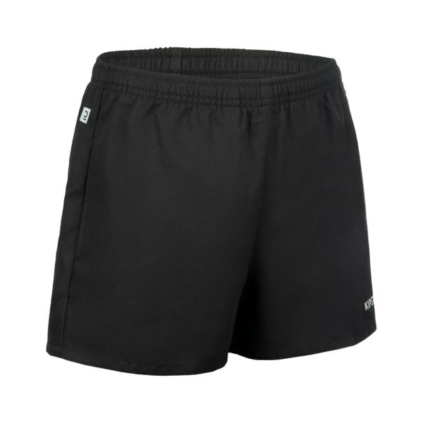 Spodenki do rugby Offload R100 z kieszeniami. Czarne szorty męskie KIPSTA, bez wzorów, z materiału, sportowe. Za 54.99 zł.