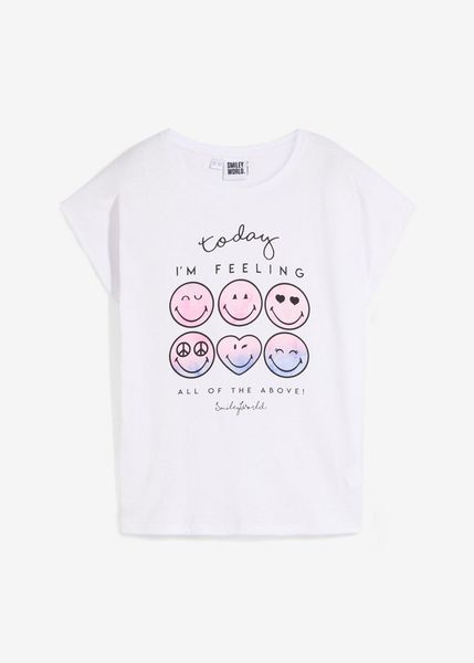 T-shirt z buźką, z czystej bawełny. Białe koszulki dziewczęce bonprix, bez wzorów, z bawełny, bez ramiączek. Za 64.99 zł.