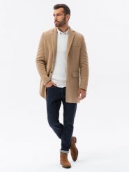 Płaszcz męski klasyczny jednorzędowy - piaskowy V2. Żółte płaszcze męskie Ombre Clothing, na wiosnę, m, bez wzorów, eleganckie. W wyprzedaży za 199.99 zł.