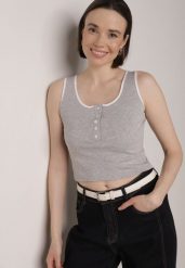 Szary Bawełniany Top w Prążki z Guzikami przy Dekolcie Bervise. Szare topy damskie Born2be, m, bez wzorów, z bawełny, bez kołnierzyka. Za 39.99 zł.