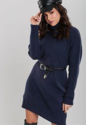 Granatowa Sukienka Milana. Niebieskie sukienki damskie Renee, bez wzorów, z dzianiny, bez kołnierzyka, bez ramiączek, mini. W wyprzedaży za 97.99 zł.