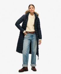 Płaszcz Super Longline Fuji. Niebieskie płaszcze damskie Superdry., l, bez wzorów, z nylonu, eleganckie. Za 638.10 zł.