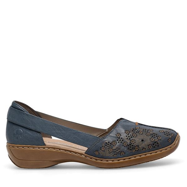 Półbuty Rieker. Niebieskie półbuty damskie Rieker, bez wzorów, bez obcasa, na płaskiej podeszwie. Za 299.99 zł.