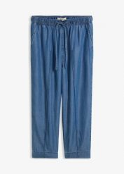 Spodnie marchewki z lyoncellu, 7/8. Niebieskie spodnie materiałowe damskie bonprix, bez wzorów. Za 74.99 zł.