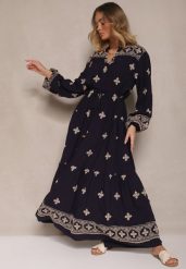 Niebieska Sukienka z Bawełną Haftem i Sznurkiem w Pasie Zenlio. Niebieskie sukienki damskie Renee, na co dzień, l, z aplikacjami, z bawełny, eleganckie, bez kołnierzyka, bez ramiączek, maxi, dopasowane. W wyprzedaży za 132.99 zł.