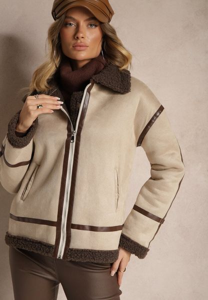 Beżowa Kurtka z Ekozamszu o Prostym Kroju z Kołnierzykiem i Futerkiem Ninnova. Brązowe kurtki damskie Renee, l, bez wzorów, z futra, bez kaptura. Za 124.99 zł.