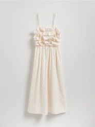 Sukienka midi w kropki - wielobarwny. Sukienki damskie Reserved, l, bez wzorów, z bawełny, bez kołnierzyka, bez ramiączek, midi, rozkloszowane. Za 179.99 zł.