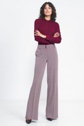 Spodnie Wide Leg w Jodełkę - Bordowe. Czerwone spodnie materiałowe damskie Nife, bez wzorów, z materiału, z podwyższonym stanem. Za 295.90 zł.