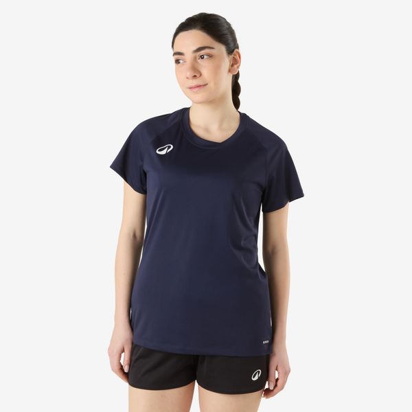 Koszulka do piłki ręcznej damska Atorka H100. Niebieskie bluzki damskie KIPSTA, m, bez wzorów, z materiału, bez kołnierzyka. Za 44.99 zł.