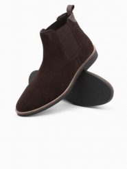 Buty męskie skórzane sztyblety - ciemnobrązowe V1 - Rozmiar: 41. Brązowe sztyblety męskie Ombre Clothing, z gumy, bez zapięcia. W wyprzedaży za 99.99 zł.