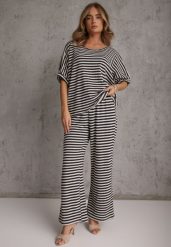 Beżowo-Granatowy Komplet Oversize Stylizowany na Dziergany T-shirt i Luźne Spodnie w Paski Relorin. Brązowe spodnie materiałowe damskie Renee, bez wzorów, z dzianiny, casualowe. Za 199.99 zł.