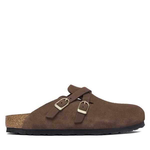 Klapki Birkenstock. Brązowe klapki damskie Birkenstock, bez wzorów, bez obcasa. Za 749.99 zł.