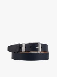 Granatowy pasek ze skóry licowej. Niebieskie paski męskie Brawo sp. z o.o., bez wzorów, z denimu, eleganckie. Za 129.99 zł.