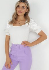 Biała Bluzka z Prążkowanej Dzianiny z Bufiastymi Rękawami Maffa. Białe bluzki damskie Born2be, bez wzorów, z dzianiny, eleganckie, bez kołnierzyka, bez ramiączek. Za 39.99 zł.