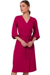 Sukienka elegancka kopertowa z bufiastymi rękawami śliwka. Sukienki damskie Sukienki.shop, do pracy, l, bez wzorów, biznesowe, bez kołnierzyka, bez ramiączek, kopertowe. Za 349.00 zł.