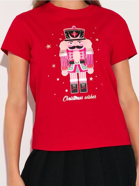 Koszulka z motywem świątecznym - czerwony. Czerwone t-shirty damskie Sinsay, l, bez wzorów, bez kołnierzyka. W wyprzedaży za 12.99 zł.