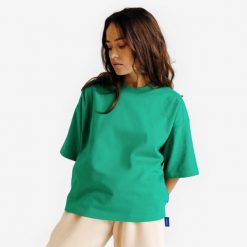 Koszulka oversize damska typu crop. Zielone t-shirty damskie Decathlon, xl, bez wzorów, z bawełny, bez kołnierzyka. Za 49.99 zł.