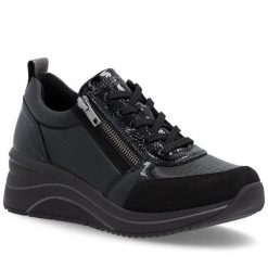 Półbuty damskie sneakersy na koturnie czarne Remonte Rieker D0T22-03. Czarne półbuty damskie Remonte, bez wzorów, ze skóry ekologicznej, bez obcasa, na koturnie. Za 429.00 zł.