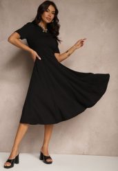 Czarna Sukienka Rozkloszowana o Taliowanym Fasonie Telaswena. Czarne sukienki damskie Renee, na randkę, l, bez wzorów, eleganckie, bez kołnierzyka, bez ramiączek, midi, rozkloszowane. Za 99.99 zł.