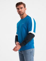 Trójkolorowa dresowa męska bluza z raglanowymi rękawami – niebieska V4 OM-SSNZ-22FW-003 - XXL. Niebieskie bluzy bez kaptura męskie Ombre Clothing, l, z bawełny. W wyprzedaży za 99.99 zł.