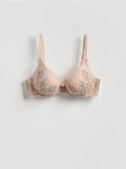 Biustonosz push up z haftem - beżowy. Brązowe biustonosze Reserved, bez wzorów. Za 89.99 zł.