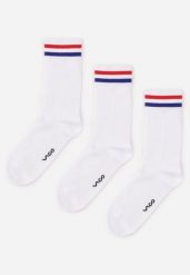 Białe 3-Pack Skarpety Wysokie z Bawełny w Prążki Zdobione Paskami Ansson. Białe skarpetki damskie Born2be, z aplikacjami, z bawełny. Za 29.99 zł.