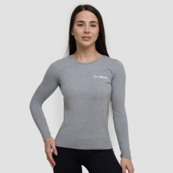 Koszulka damska joga z długim rękawem szara Basic. Szare bluzki sportowe damskie GYMBEAM, xs, bez wzorów, z bawełny, bez ramiączek. Za 66.90 zł.