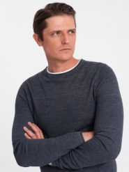Bawełniany sweter męski z okrągłym dekoltem - granatowy melanż V3 OM-SWSW-0103 - XL. Niebieskie swetry męskie Ombre Clothing, l, bez wzorów, z bawełny, bez kołnierzyka. W wyprzedaży za 69.99 zł.