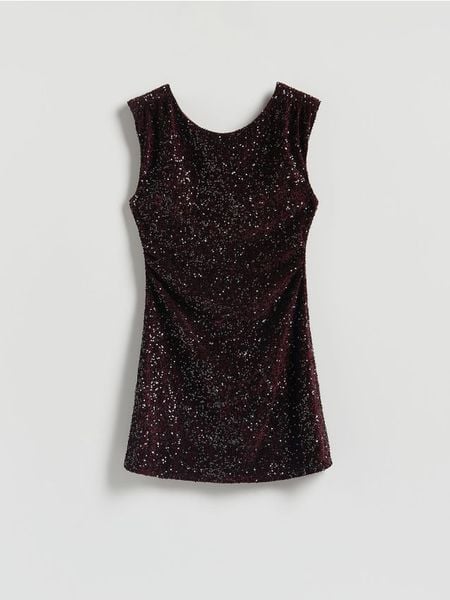 Cekinowa sukienka mini - wielobarwny. Sukienki damskie Reserved, l, bez wzorów, z dzianiny, bez kołnierzyka, bez ramiączek, mini, dopasowane. Za 149.99 zł.