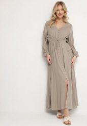 Beżowa Rozkloszowana Sukienka z Lnem i Wiskozą Zdobiona Guzikami Maitiella. Brązowe sukienki damskie Born2be, na co dzień, na lato, l, z aplikacjami, z wiskozy, eleganckie, bez kołnierzyka, bez ramiączek, maxi, kopertowe. W wyprzedaży za 151.99 zł.