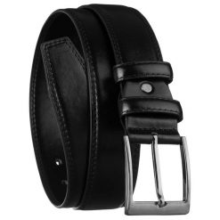 Czarny pasek męski ze skóry ekologicznej ze srebrną, klasyczną klamrą. Czarne paski męskie inny, bez wzorów, ze skóry ekologicznej, klasyczne. Za 29.99 zł.