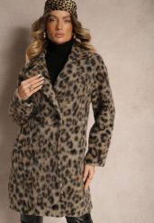 Beżowy Panterkowy Płaszcz Dwurzędowy z Wsuwanymi Kieszeniami Niarelith. Brązowe płaszcze damskie Renee, bez wzorów, z jeansu, eleganckie. Za 289.99 zł.