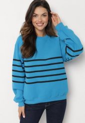 Niebieska Dzianinowa Bluza z Polarem Ozdobiona Poziomymi Paskami Labril. Niebieskie bluzy bez kaptura damskie Born2be, l, z dzianiny. Za 89.99 zł.